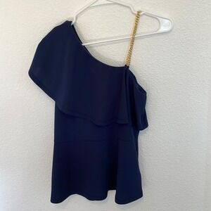 Michael Kors Top, Navy Blue One Shoulder Chain Strap Ruffle Sleeveless Blouse Sm
